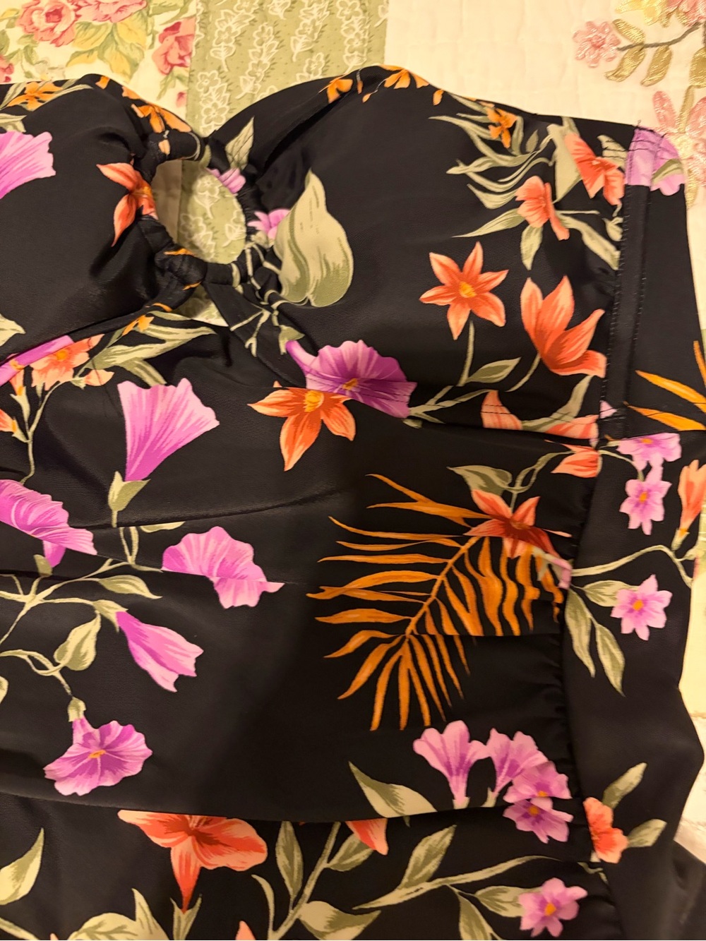 Target Black Floral One-Piece Swimsuit with Orange and Purple Flowers